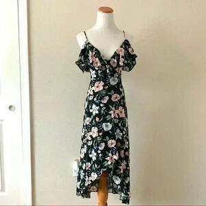 F21 black floral cold shoulder high low wrap dress